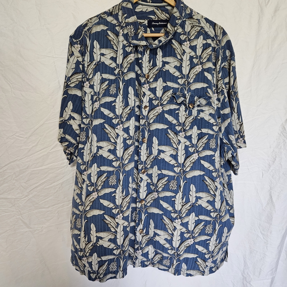 Tommy Bahama Blue and Cream Leaf Pattern Shirt
